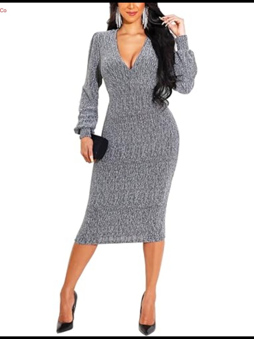 Women's Elegant Bodycon Midi Dress Deep V Neck Long Sleeve Party Club